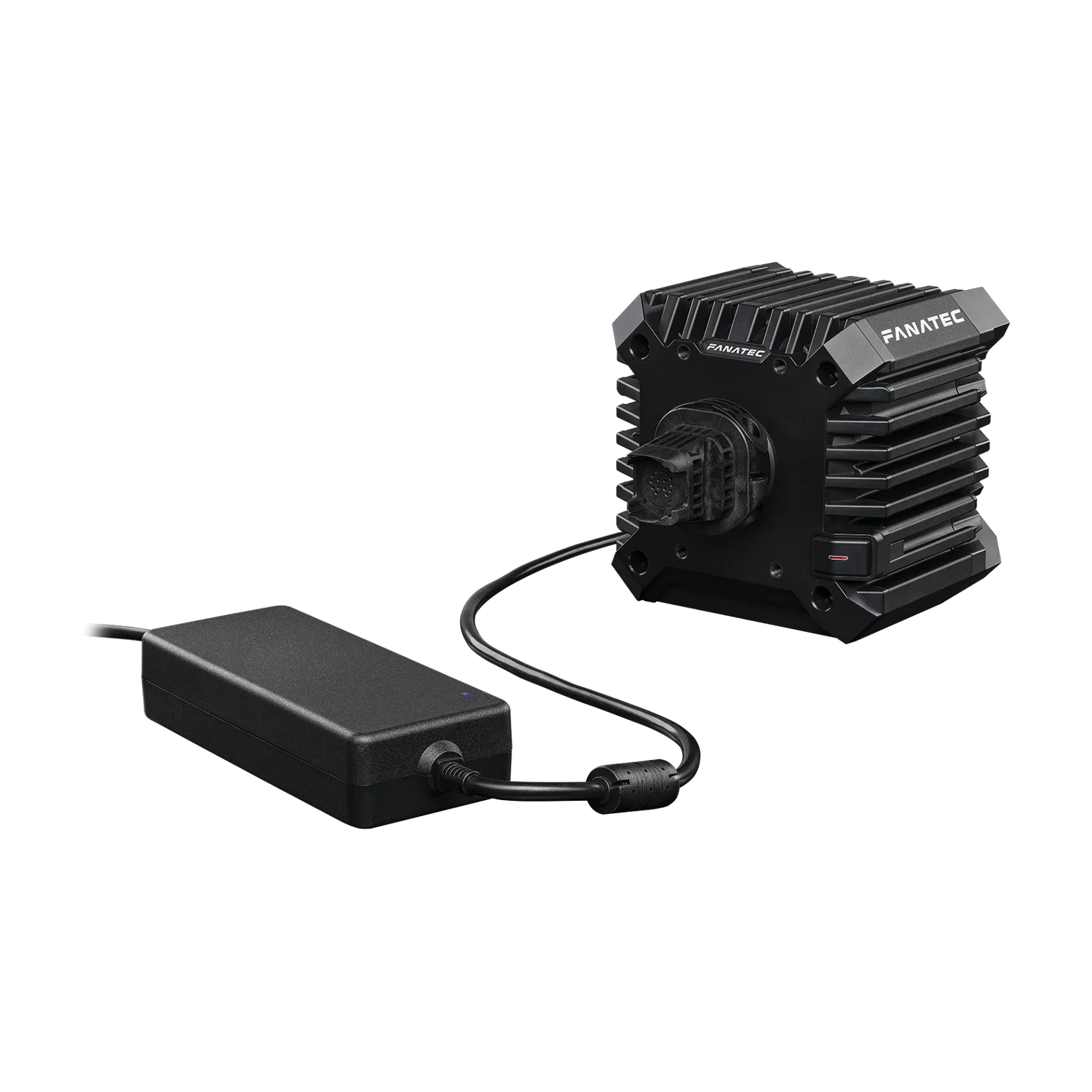 Fanatec CSL DD wheel base and Boost Kit 180 power supply shown from the front